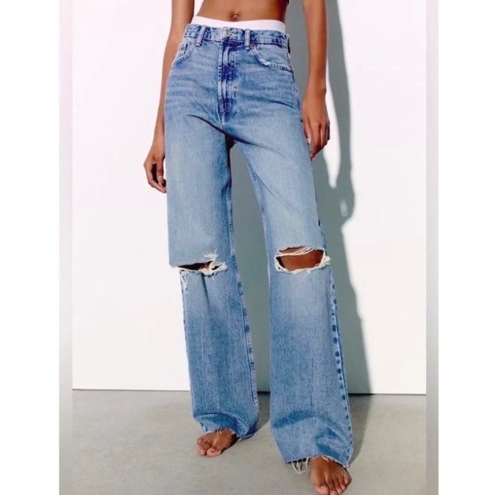 Zara Womens High Waisted Wide Leg Distressed Jeans Light Wash Blue Size 26